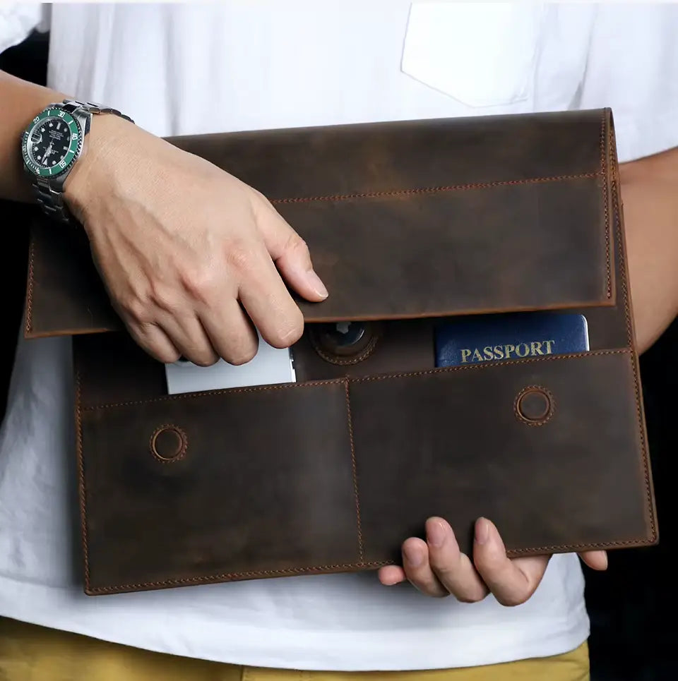 Slim Real Leather Laptop Case and Bag, with Pockets for Phone