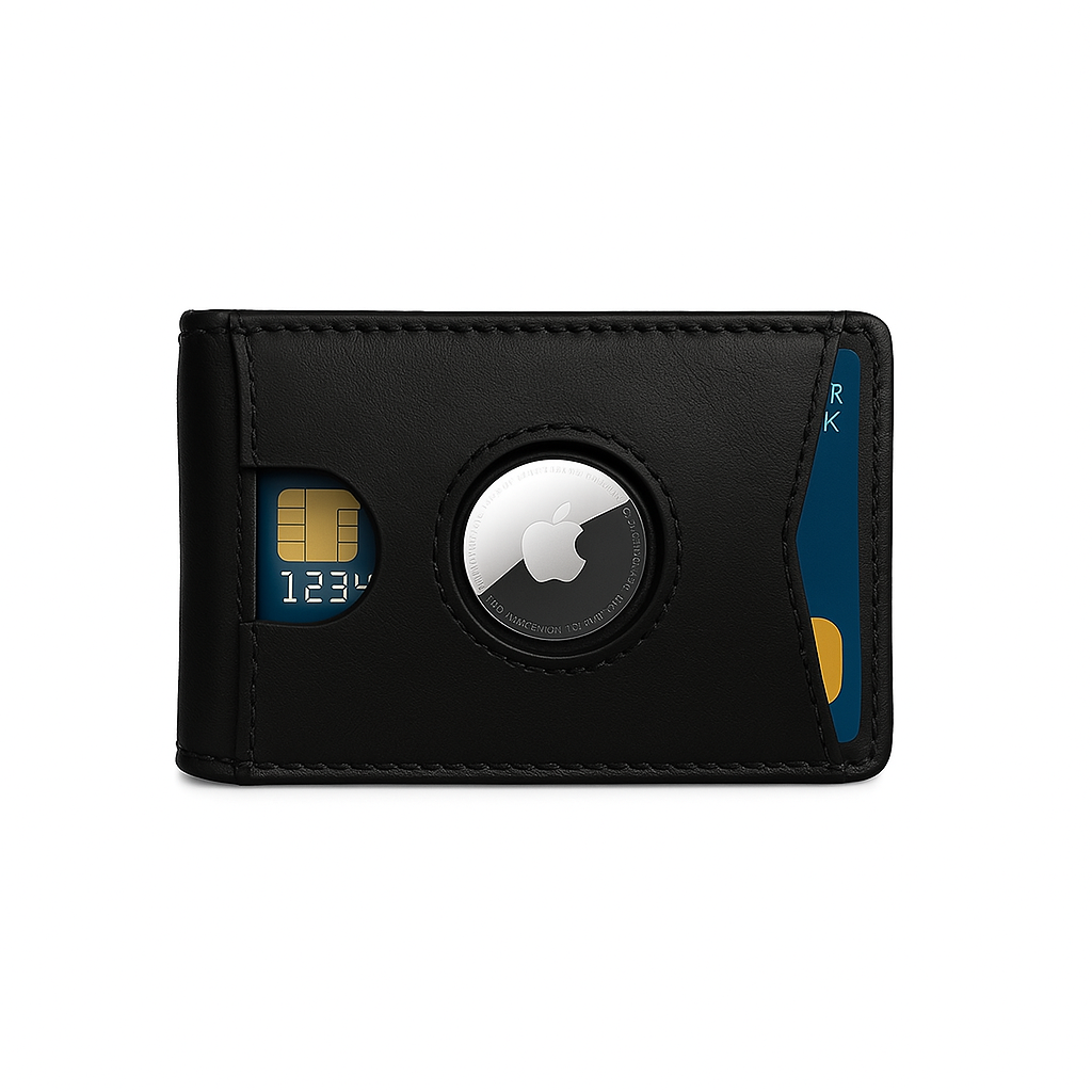 Minimalist Bifold AirTag Wallet – Real Leather, RFID Blocking, Trackable with Money Clip