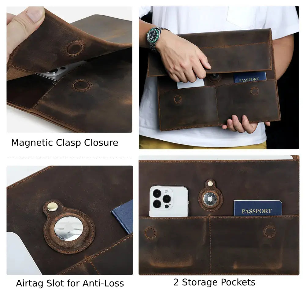 Leather Laptop Sleeve Case with AirTag Slot and Pockets – Fits MacBook/Laptop 13.3" and 14"