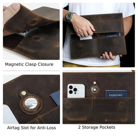 Laptop Sleeve with Genuine Leather and AirTag Slot with Pockets